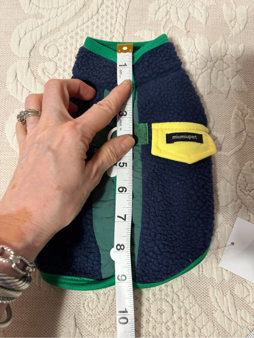 NWT Miniature Pet Navy Sherpa Puffer VEST with Green Trim and Yellow Pocket
